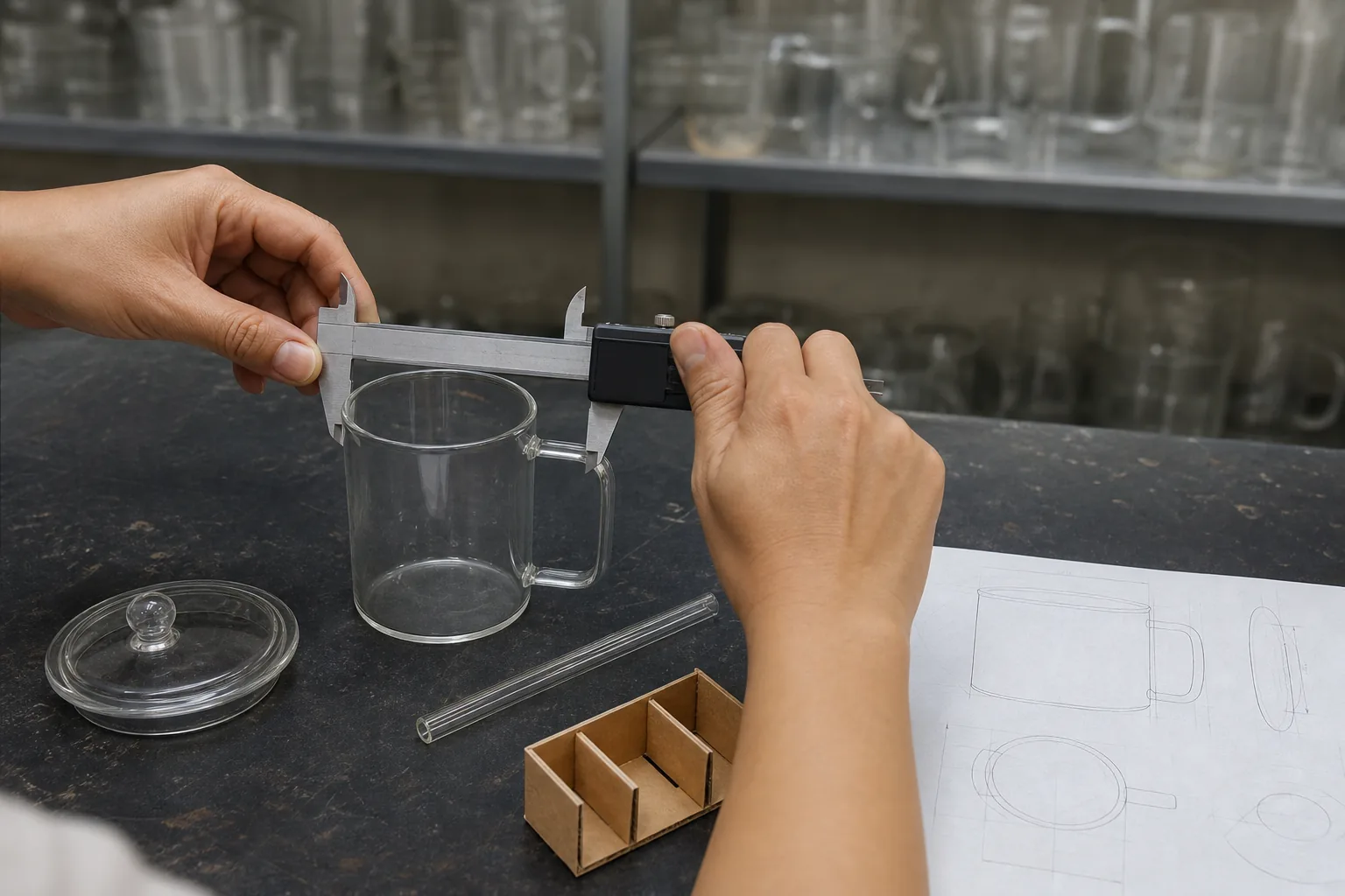 Editorial illustration of a glass cup sample being measured with its lid, straw and packaging divider beside it