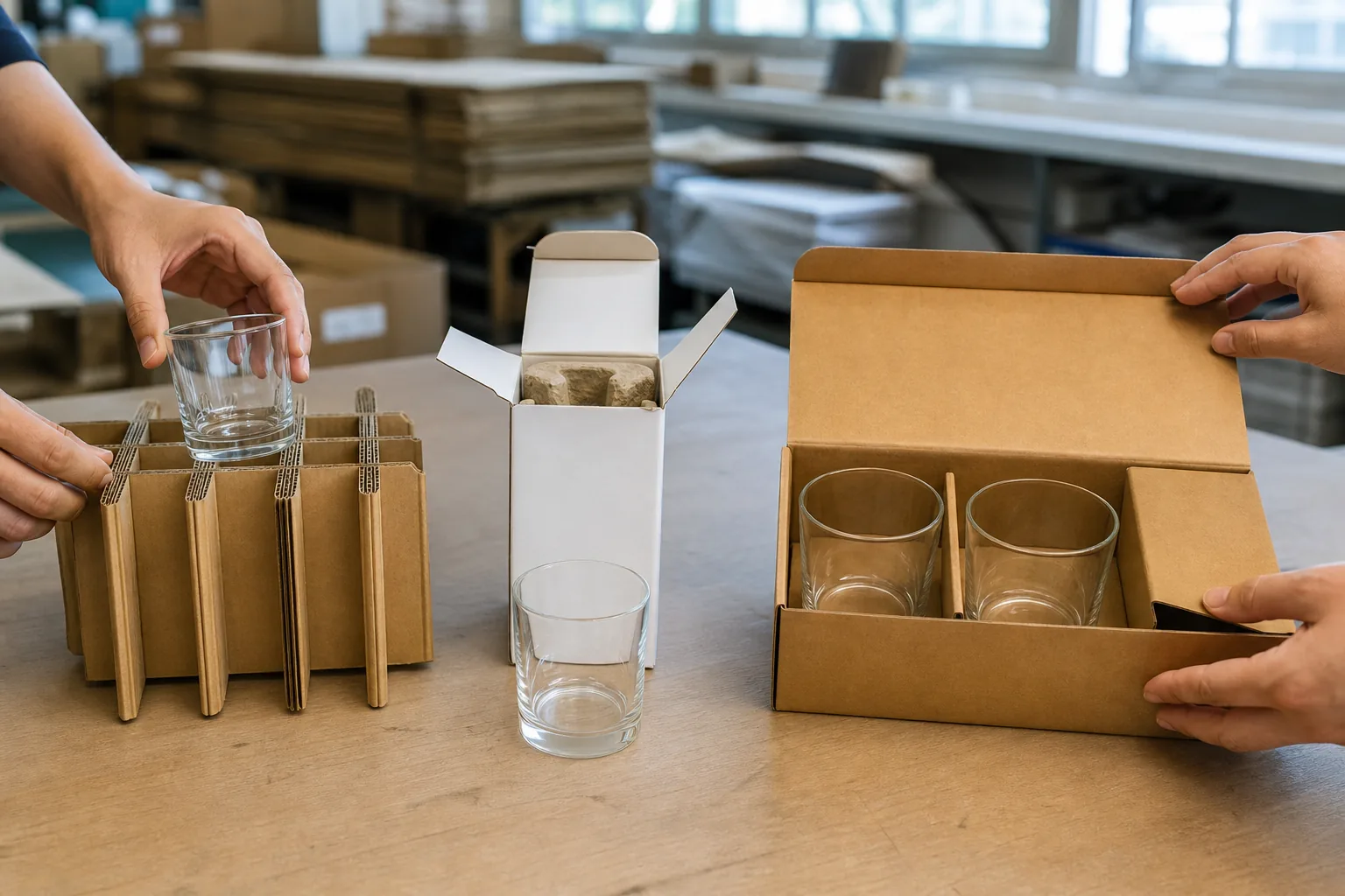 Editorial illustration of one glass cup reviewed with export dividers, an individual retail box and a two-cup gift set